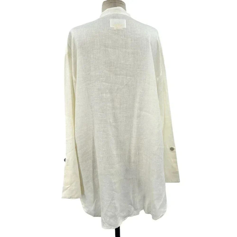FLAX Linen Lagenlook Button Down Front Tunic Top White Cream‎ Size Small